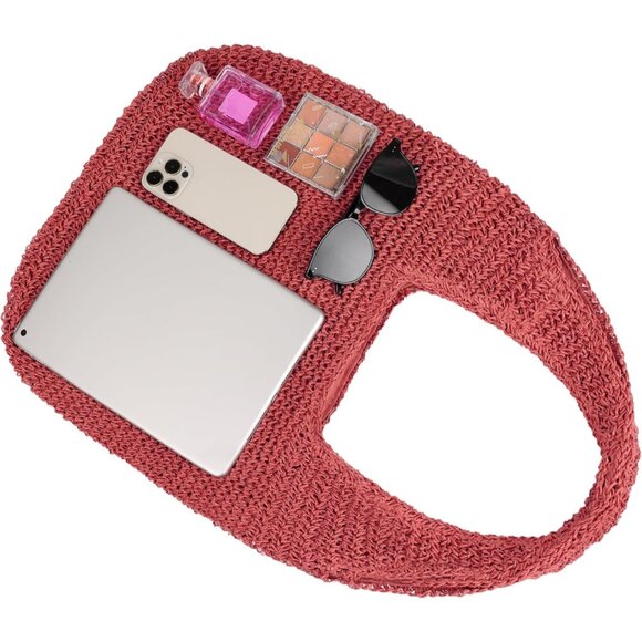 Women's Red Large Straw Beach Bag Handmade Woven Shoulder Hobo Tote Handbag - Picture 3 of 5